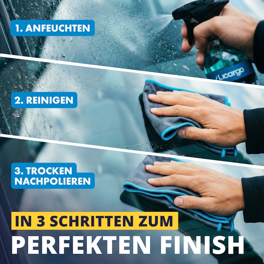 Das perfekte Glas-Finish=>Mit der richtigen Technik geht’s schnell: leicht anfeuchten, reinigen und anschließend trocken nachpolieren. Für klare Scheiben ohne nerviges Nacharbeiten.