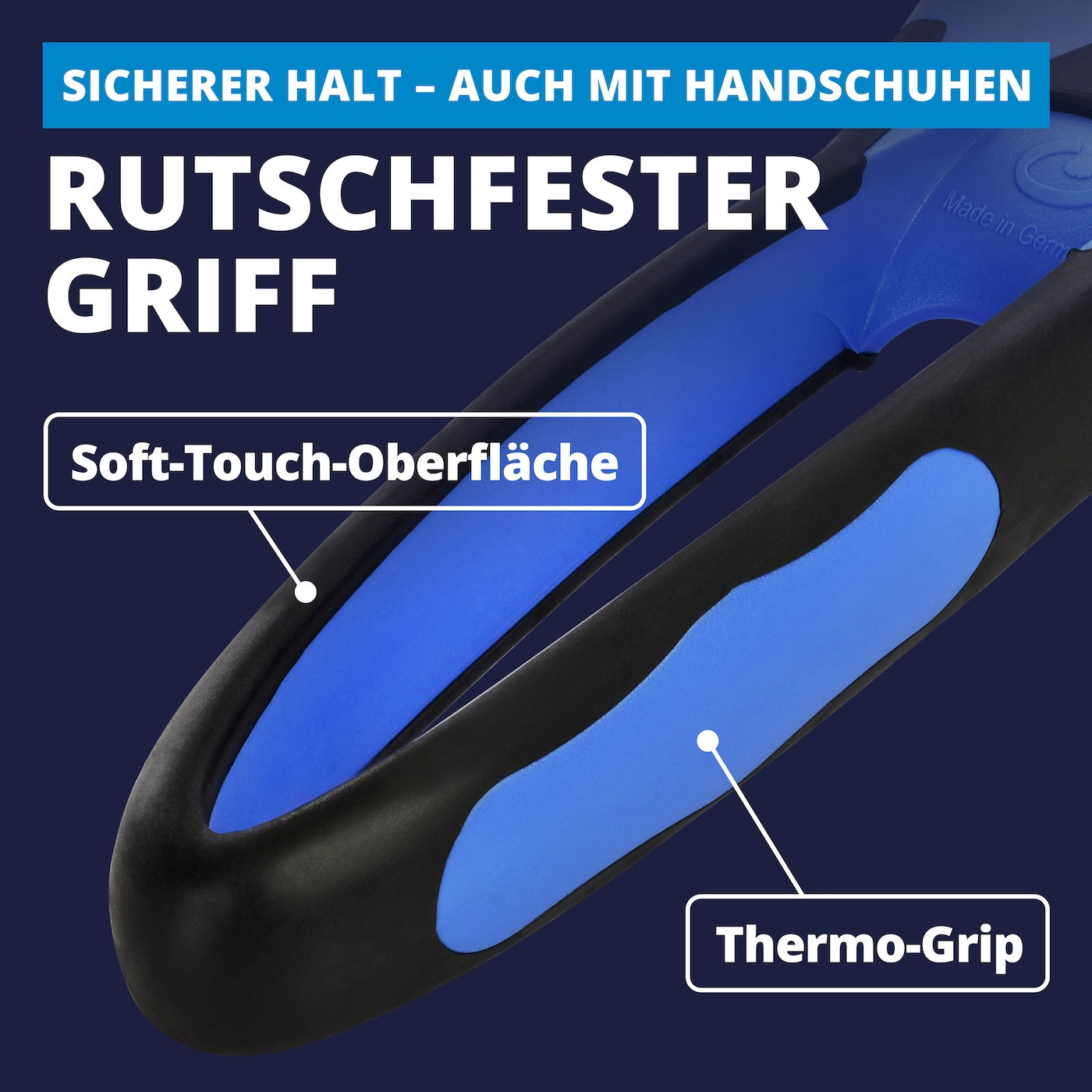 Sicherer Halt=>Der ergonomische Griff mit Soft-Touch- und Thermo-Grip-Elementen liegt auch mit Handschuhen rutschfest in der Hand. Für volle Kontrolle bei Kälte.