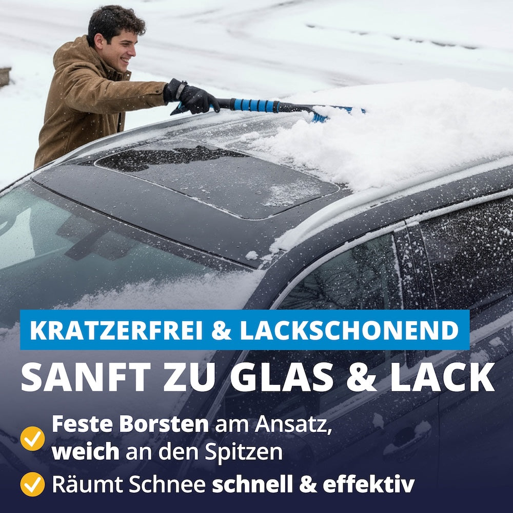 Effektiv & sanft zugleich=>Feste Borsten am Ansatz lösen Schnee kraftvoll, während weiche Spitzen Glas und Oberflächen schonen. Für perfekte Ergebnisse ohne Kratzer.