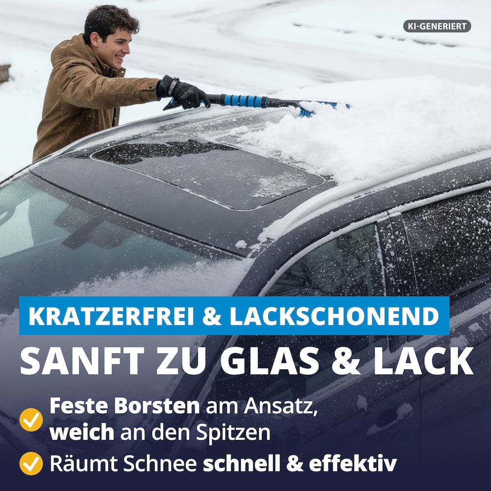 Effektiv & sanft zugleich=>Feste Borsten am Ansatz lösen Schnee kraftvoll, während weiche Spitzen Glas und Oberflächen schonen. Für perfekte Ergebnisse ohne Kratzer.