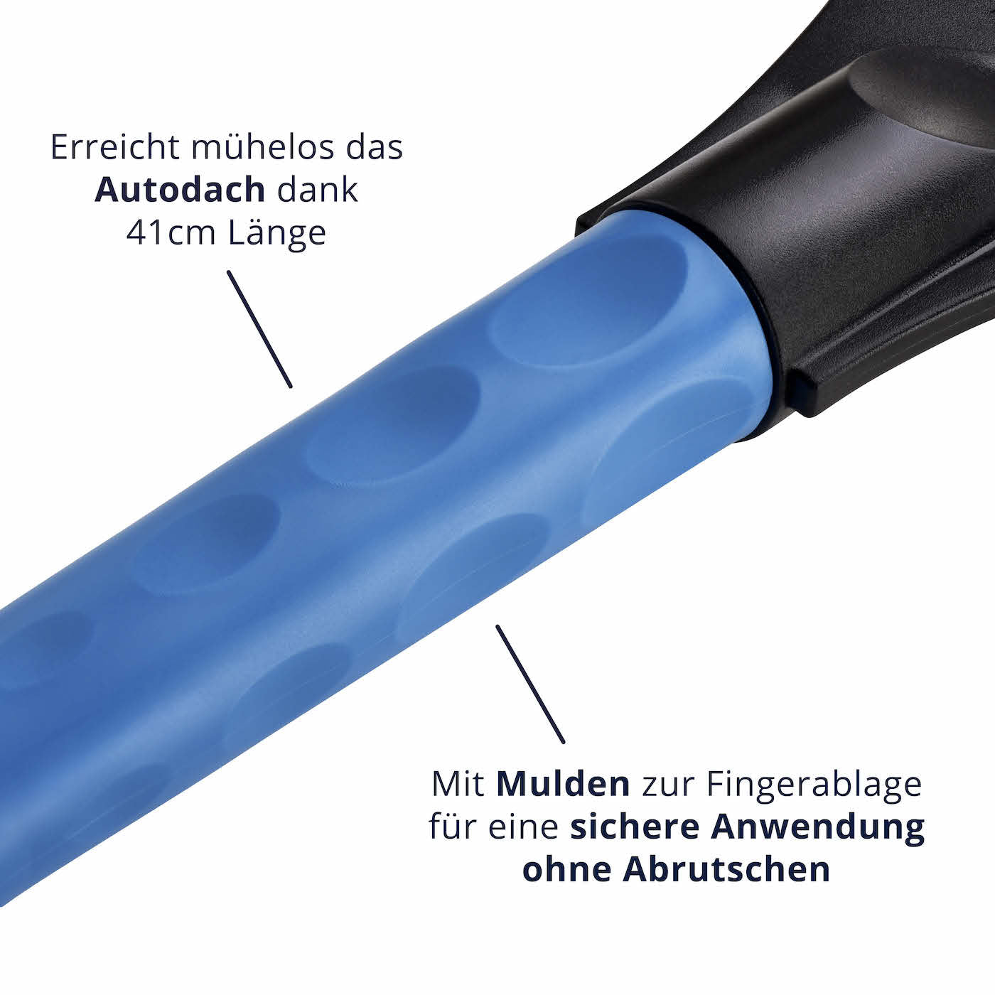 Extra lang=>Mit 41cm Länge ist unser Eiskratzer länger als übliche Eiskratzer. Das ermöglicht Dir, auch schwer erreichbare Stellen – wie Dein Autodach – von Schnee zu befreien.