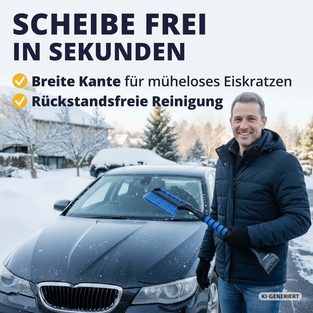 Stressfrei in den Tag=>Die breite Kunststoffkante gleitet mühelos über gefrorene Flächen, während die Eisbrecherzacken auch dicke Eisschichten brechen. Für schnelles, sauberes Eiskratzen – ganz ohne Rückstände.