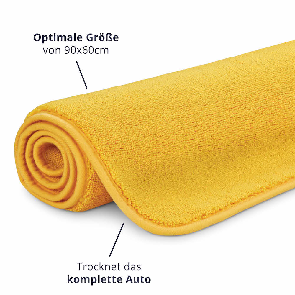 Trocknen mit nur einem Tuch=>Mit der extra großen Auflagefläche von 90x60cm und der hohen Aufnahmekapazität trocknest Du mühelos Dein komplettes Fahrzeug.