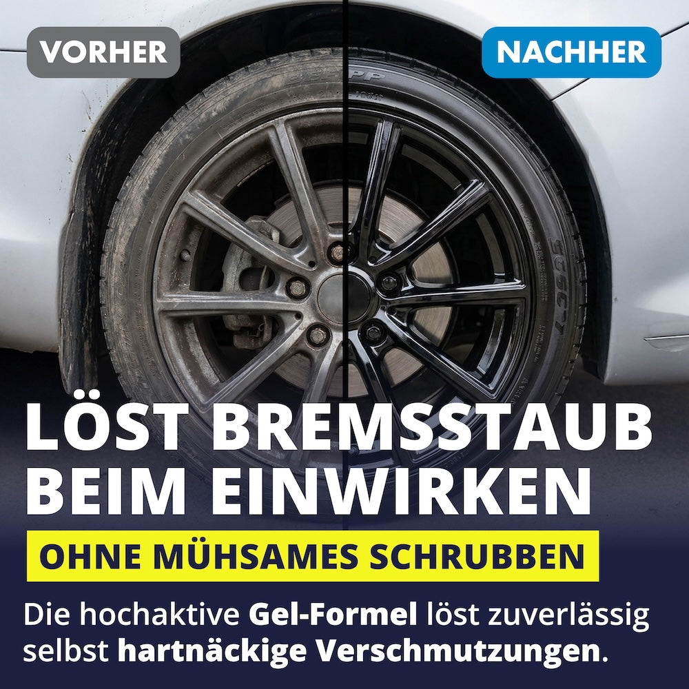 Mühelos saubere Felgen=>Selbst eingebrannter Bremsstaub und Straßenverschmutzungen werden effektiv gelöst. So sehen Deine Felgen nach der Reinigung wieder gepflegt und glänzend aus.