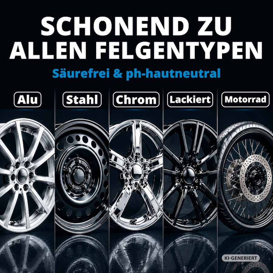 Für verschiedene Felgentypen=>Der Reiniger eignet sich für zahlreiche Felgenarten und Oberflächen. Dadurch kannst Du ihn bedenkenlos bei unterschiedlichen Fahrzeugen und Felgentypen verwenden.