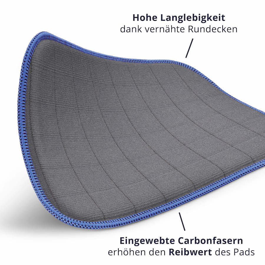 Maximale Reinigungskraft=>Dank der eingewobenen Carbonfasern haben die Pads einen erhöhten Reibwert, der Schmutz effektiv löst. Die vernähten Rundecken sorgen für eine lange Haltbarkeit.