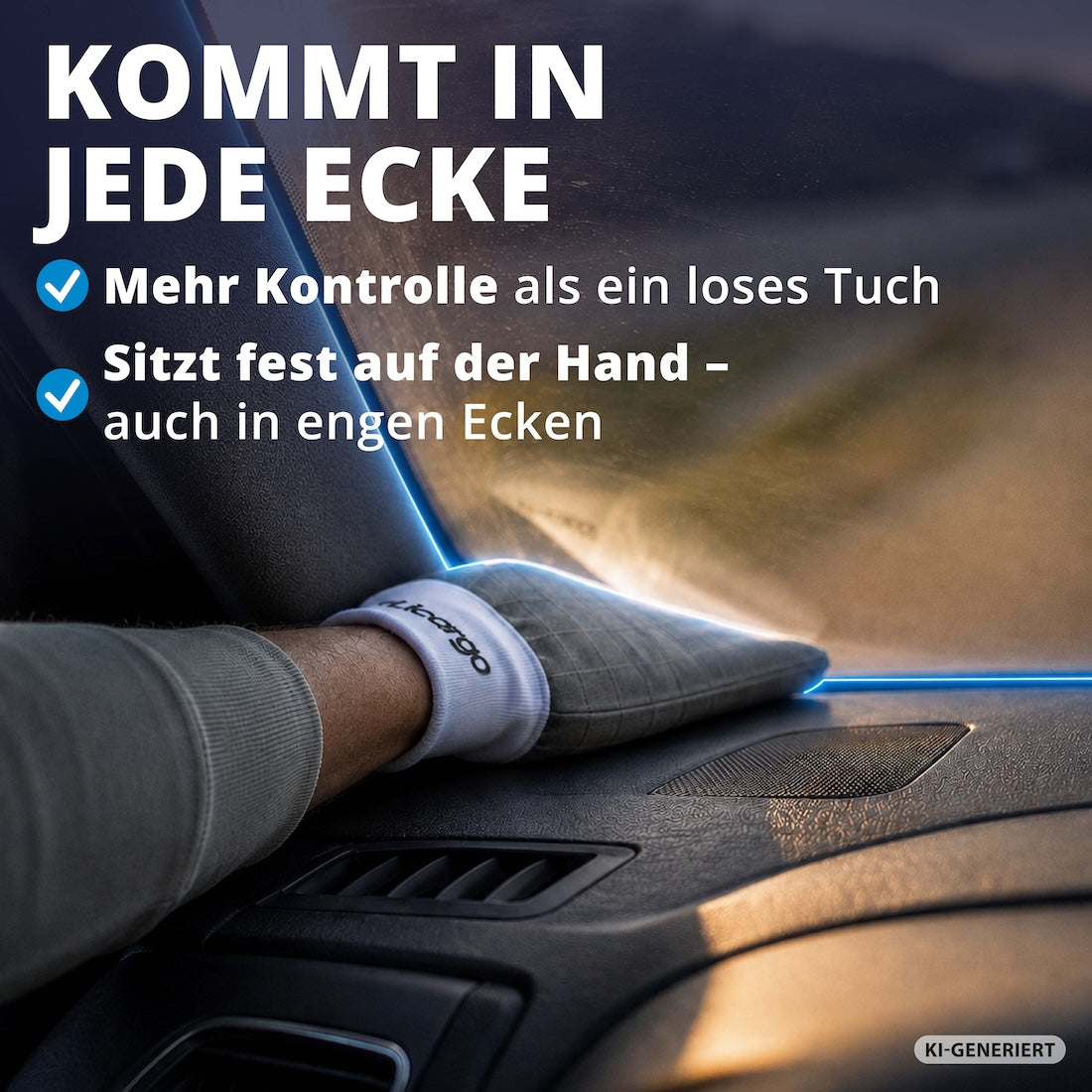 Sauber bis ins Detail=>Die feste Passform bringt Dich überall hin, wo ein loses Tuch abrutscht – auch in den engen Spalt zwischen Armaturenbrett und Frontscheibe.