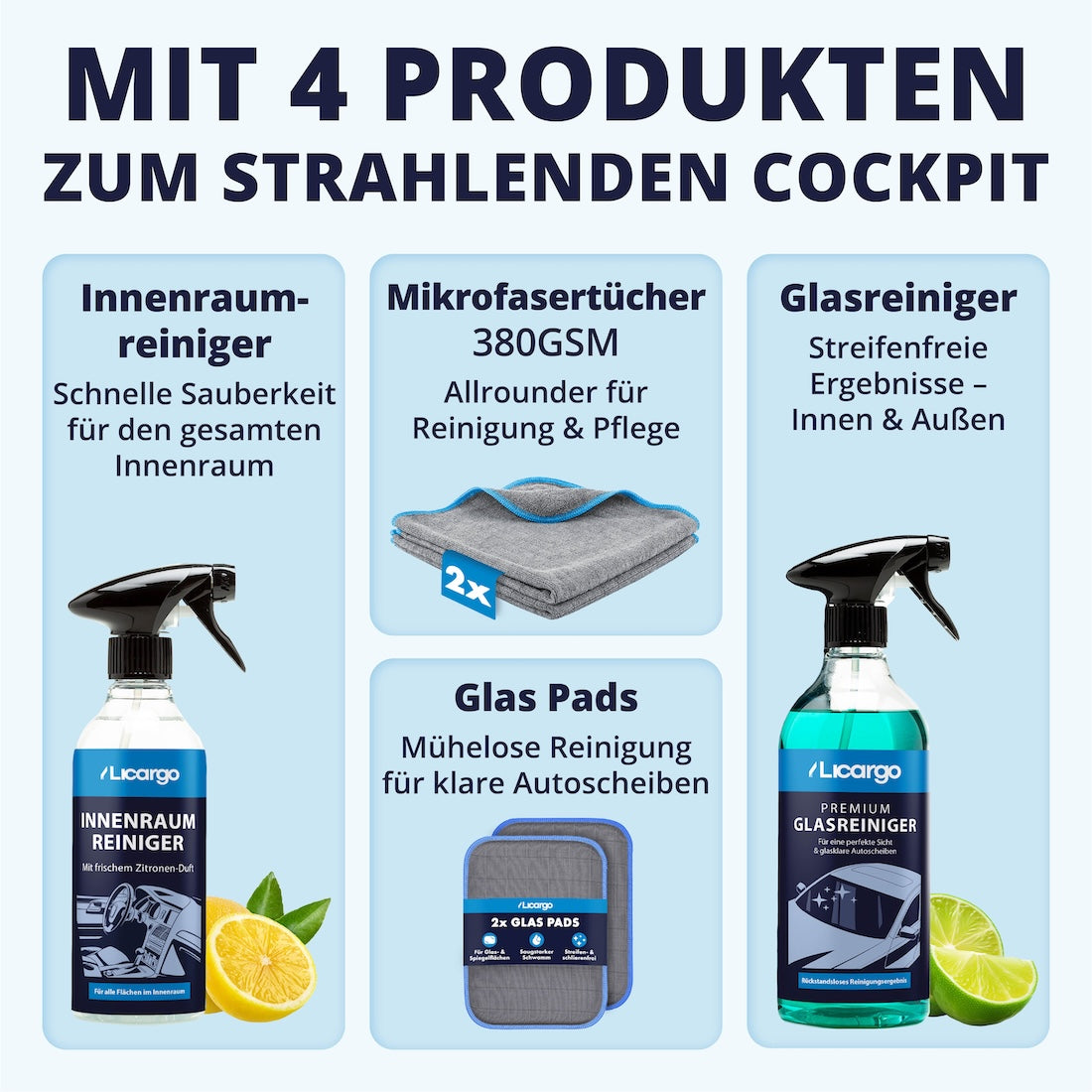 Perfekt aufeinander abgestimmt=>Die Kombination aus hochwirksamen Reinigern und kraftvollen Mikrofasern sorgt für ein makelloses Ergebnis – präzise, streifenfrei und unglaublich effektiv.