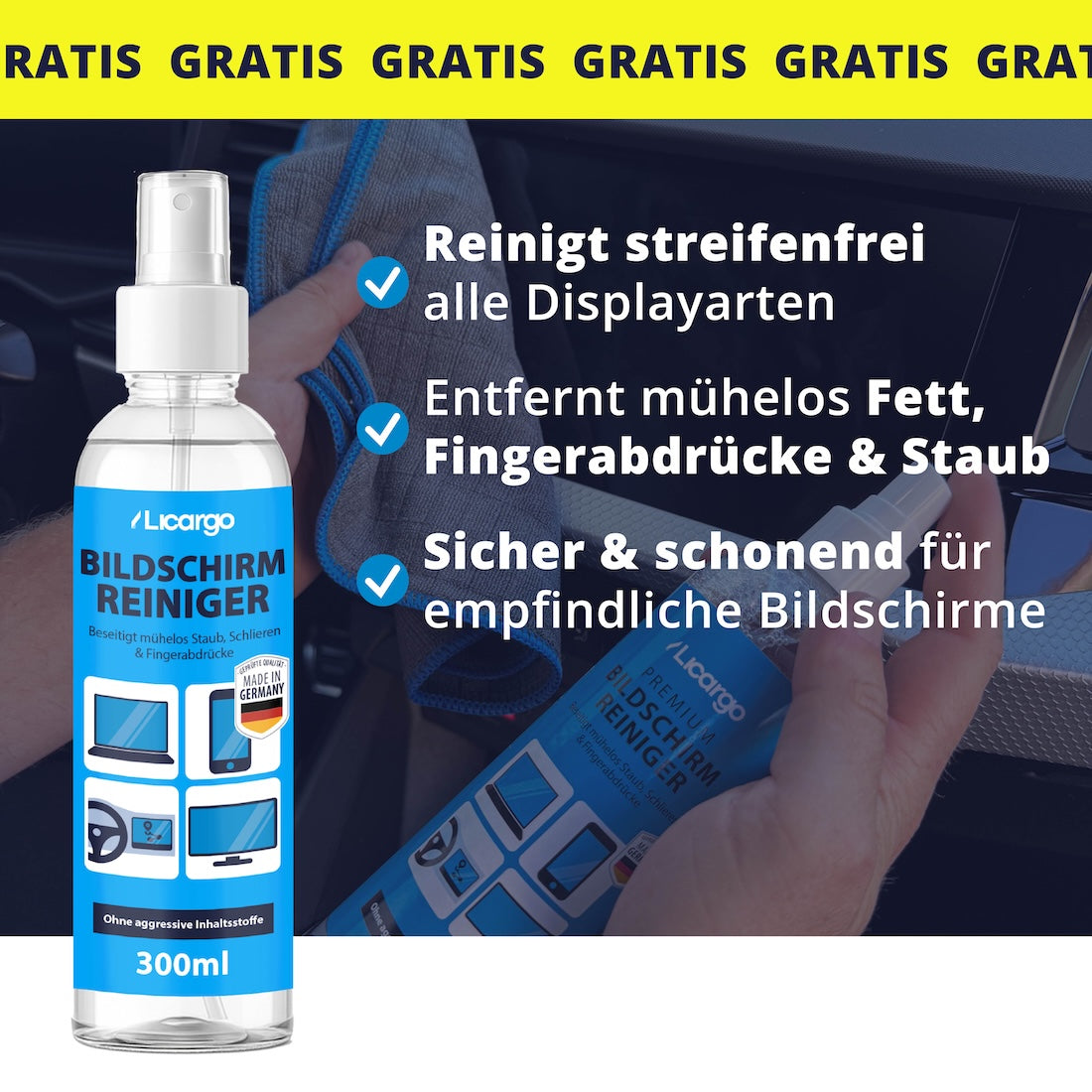 Universell einsetzbar=>Ob Navi, Handy oder TV – der Bildschirmreiniger sorgt für streifenfreie Sauberkeit, klare Sicht und eine sichere Anwendung auf allen Displays.