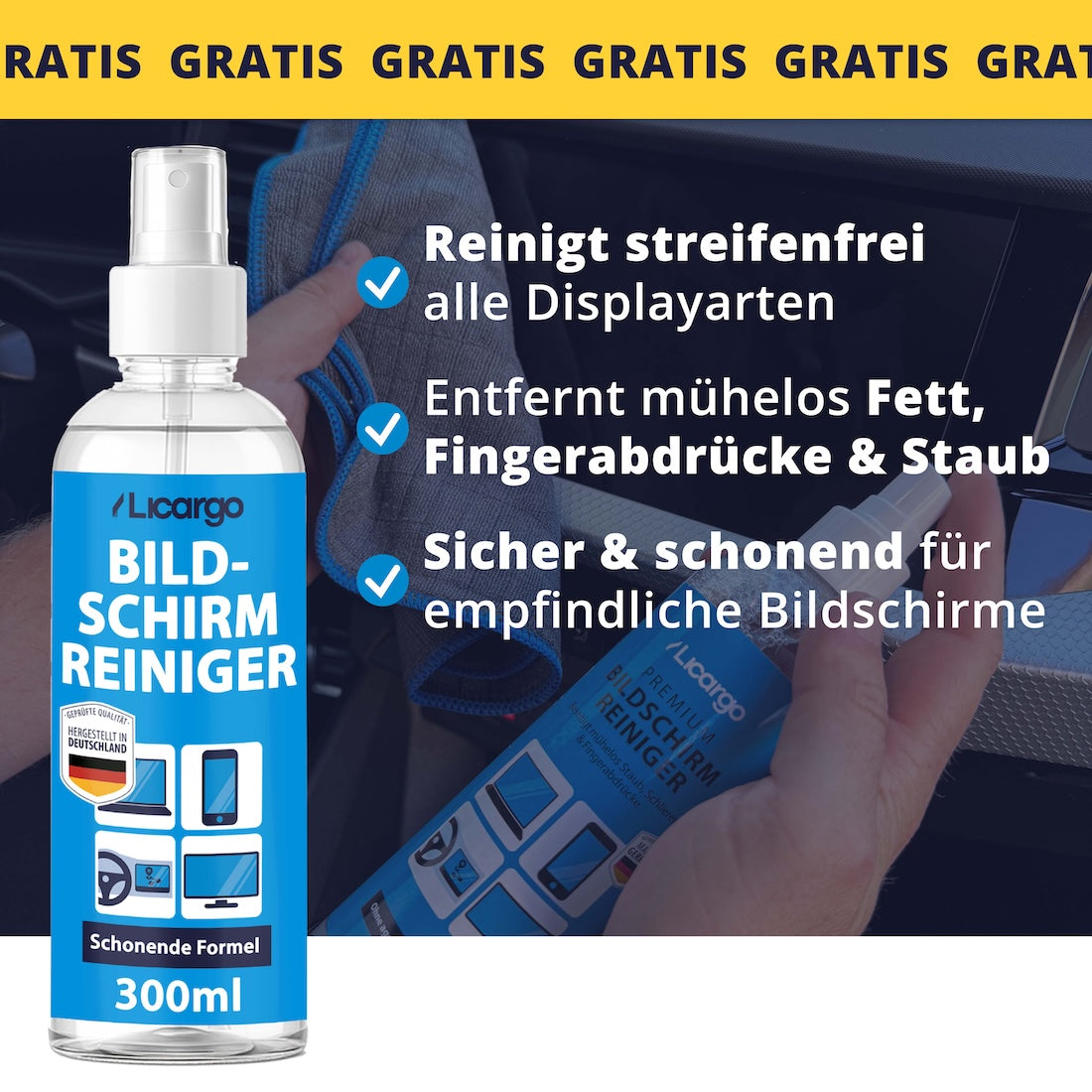 Universell einsetzbar=>Ob Navi, Handy oder TV – der Bildschirmreiniger sorgt für streifenfreie Sauberkeit, klare Sicht und eine sichere Anwendung auf allen Displays.