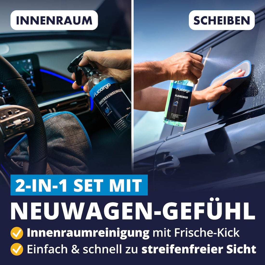 Makellose Ergebnisse=>Das Set sorgt in kürzester Zeit für streifenfreie Sicht und einen makellosen Innenraum mit frischem Duft – maximal effizient, kinderleicht anzuwenden und sofort wirksam.
