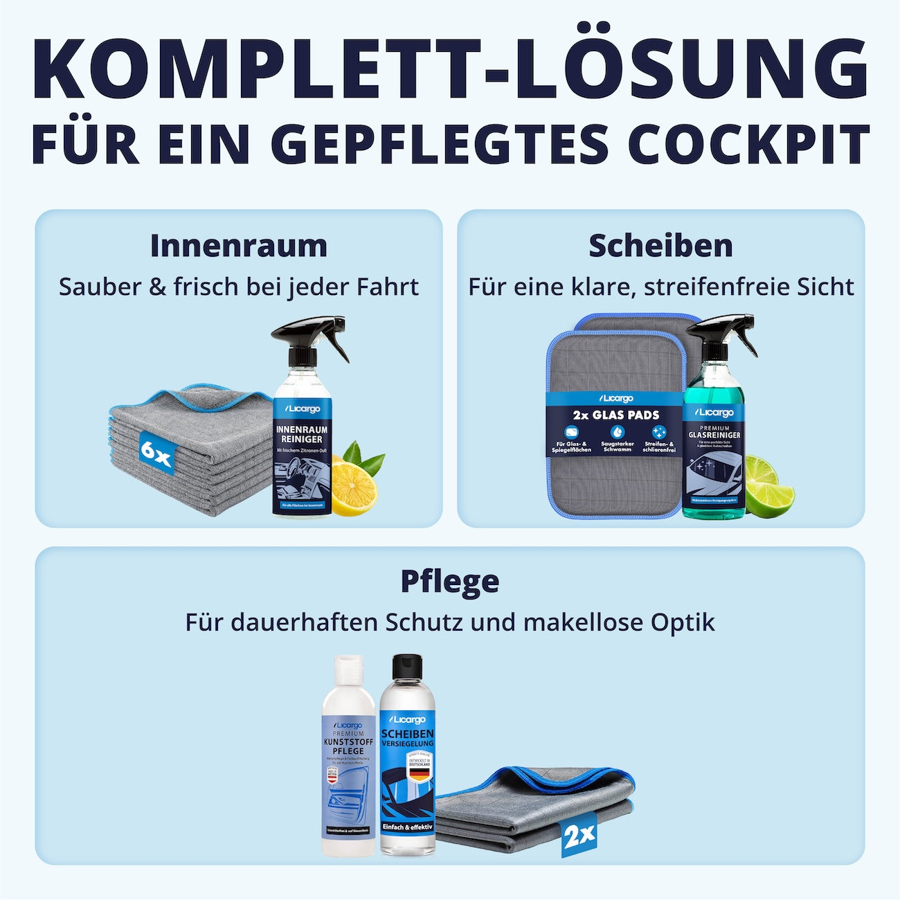 Perfekt aufeinander abgestimmt=>Die Kombination aus hochwirksamen Reinigern und kraftvollen Mikrofasern sorgt für ein makelloses Ergebnis – präzise, streifenfrei und unglaublich effektiv.