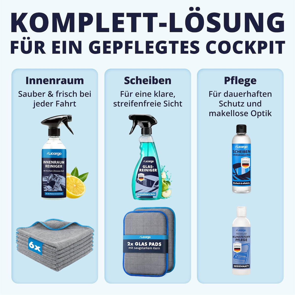 Perfekt aufeinander abgestimmt=>Die Kombination aus hochwirksamen Reinigern und kraftvollen Mikrofasern sorgt für ein makelloses Ergebnis – präzise, streifenfrei und unglaublich effektiv.