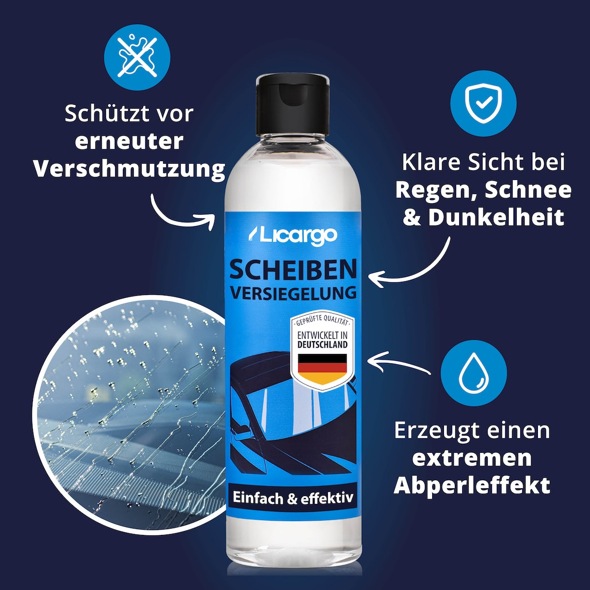 Mehr Sicherheit im Alltag=>Die Versiegelung bildet eine unsichtbare Schicht, die Wasser und Schmutz zuverlässig abweist. Das Ergebnis: klare Scheiben, weniger Wischaufwand und ein Plus an Sicherheit im Straßenverkehr.