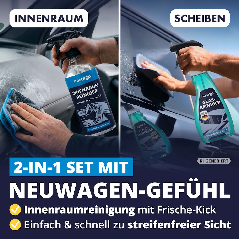 Makellose Ergebnisse=>Das Set sorgt in kürzester Zeit für streifenfreie Sicht und einen makellosen Innenraum mit frischem Duft – maximal effizient, kinderleicht anzuwenden und sofort wirksam.