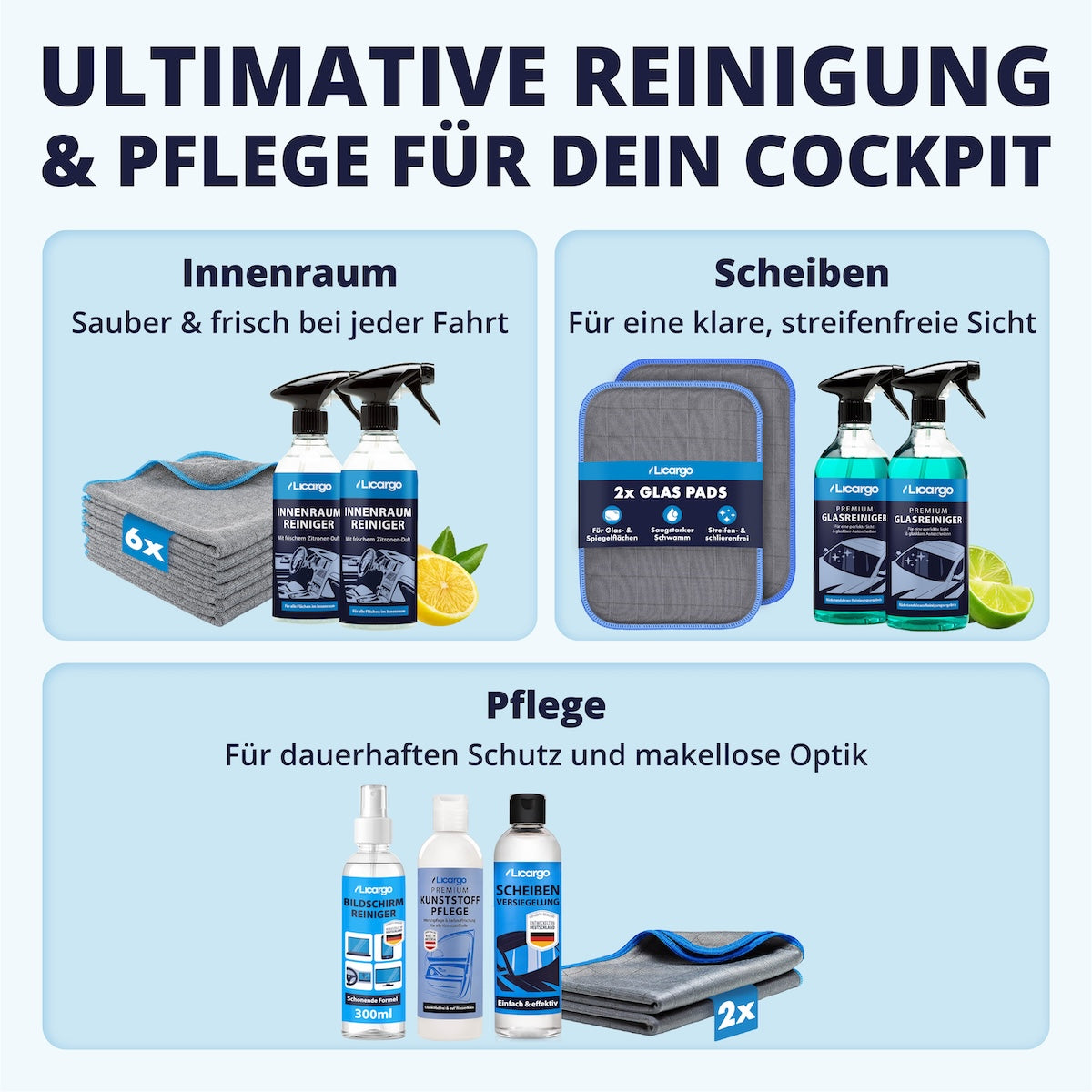 Perfekt aufeinander abgestimmt=>Die Kombination aus hochwirksamen Reinigern und kraftvollen Mikrofasern sorgt für ein makelloses Ergebnis – präzise, streifenfrei und unglaublich effektiv.