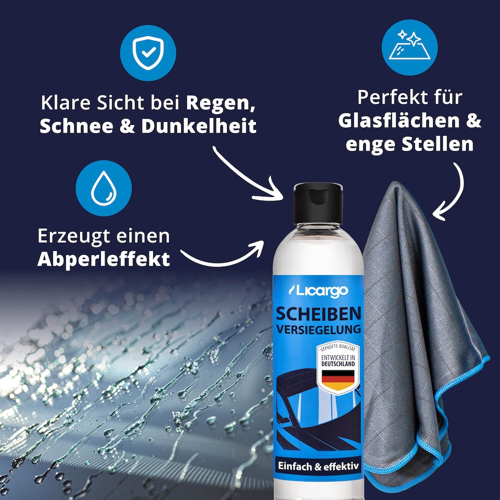 Mehr Sicherheit im Alltag=>Die Versiegelung bildet eine unsichtbare Schicht, die Wasser und Schmutz zuverlässig abweist. Das Ergebnis: klare Scheiben, weniger Wischaufwand und ein Plus an Sicherheit im Straßenverkehr.