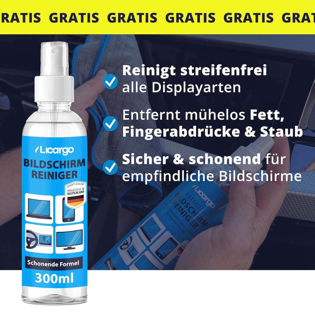 Universell einsetzbar=>Ob Navi, Handy oder TV – der Bildschirmreiniger sorgt für streifenfreie Sauberkeit, klare Sicht und eine sichere Anwendung auf allen Displays.