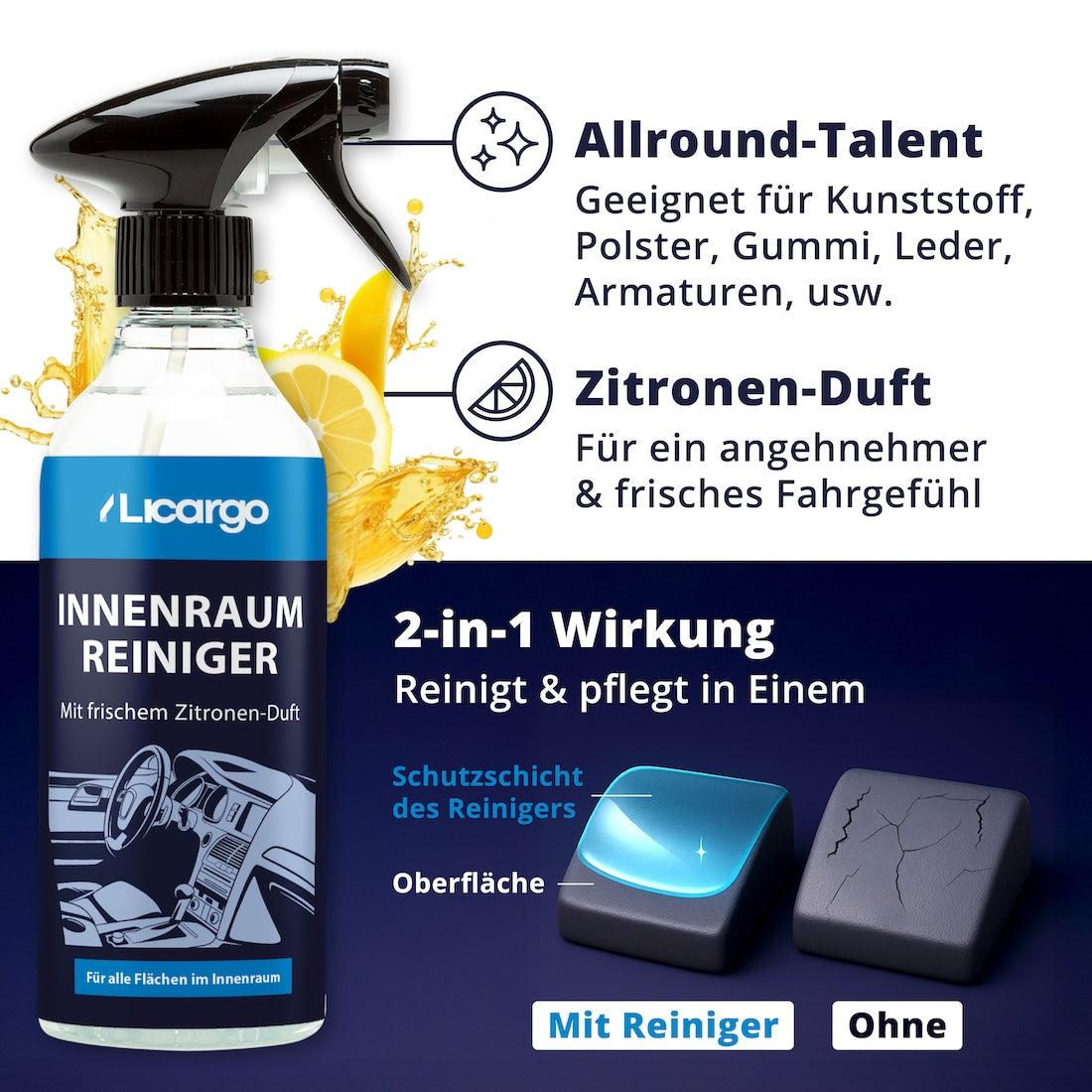 Sauberkeit mit Wirkung=>Von Cockpit bis Polster: Die 2-in-1-Formel reinigt gründlich, schützt vor UV-Strahlung und schenkt Deinem Auto ein langanhaltendes Frische-Gefühl.