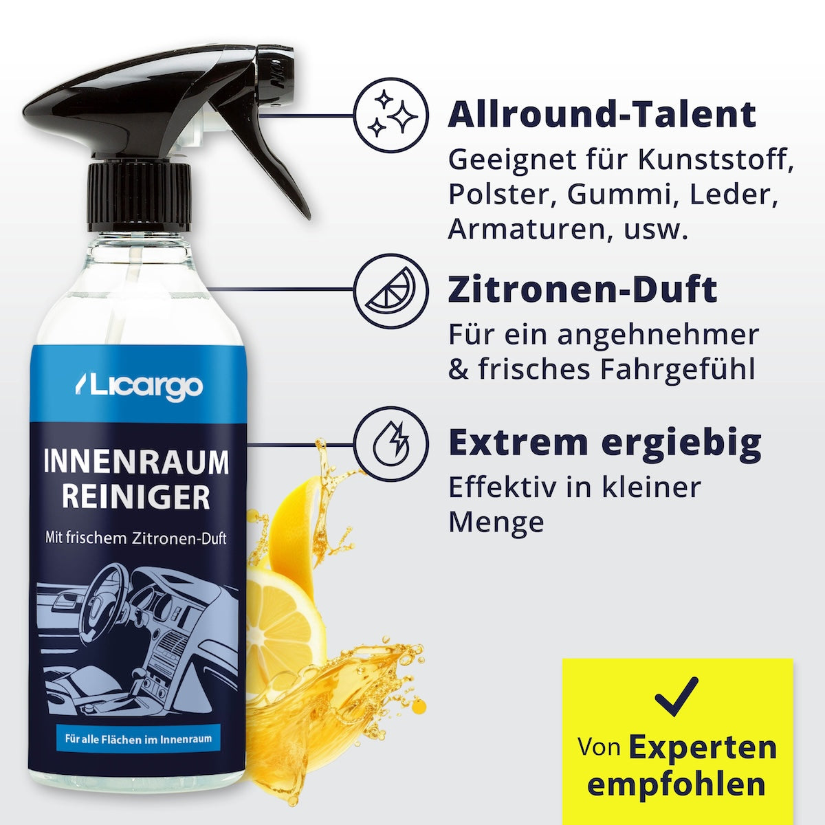 Sauberkeit mit Wirkung=>Von Cockpit bis Polster: Die 2-in-1-Formel reinigt gründlich, schützt vor UV-Strahlung und schenkt Deinem Auto ein langanhaltendes Frische-Gefühl.