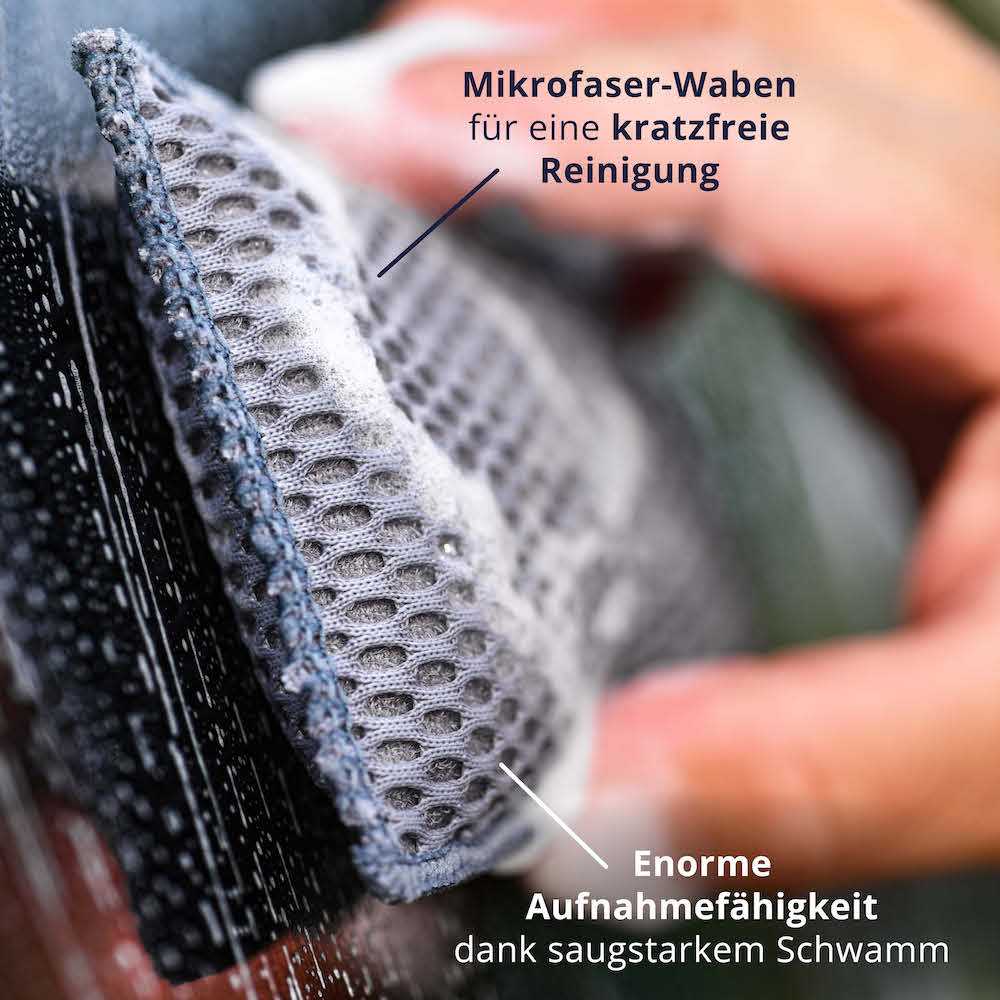 Innovative Wabenstruktur=>Dank der besonderen Mikrofasernetz-Oberfläche wird Schmutz aufgenommen, ohne Kratzer zu hinterlassen.