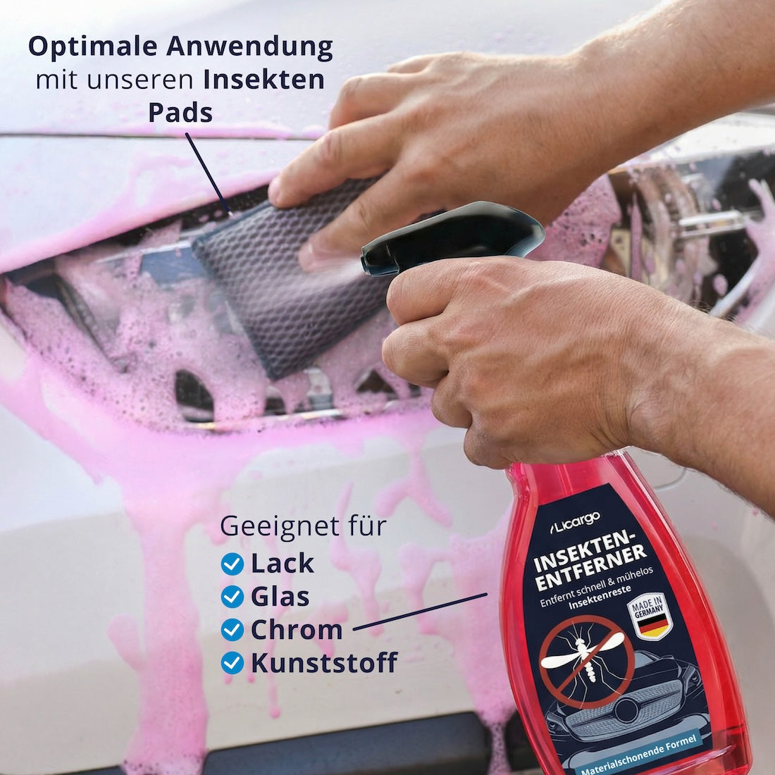 Entfernt Insektenreste=>Der schonende Reiniger eignet sich für Glas, Lack, Chrom oder Kunststoff. In Kombination mit unseren Insekten Pads können auch hartnäckige Verschmutzungen mühelos entfernt werden.
