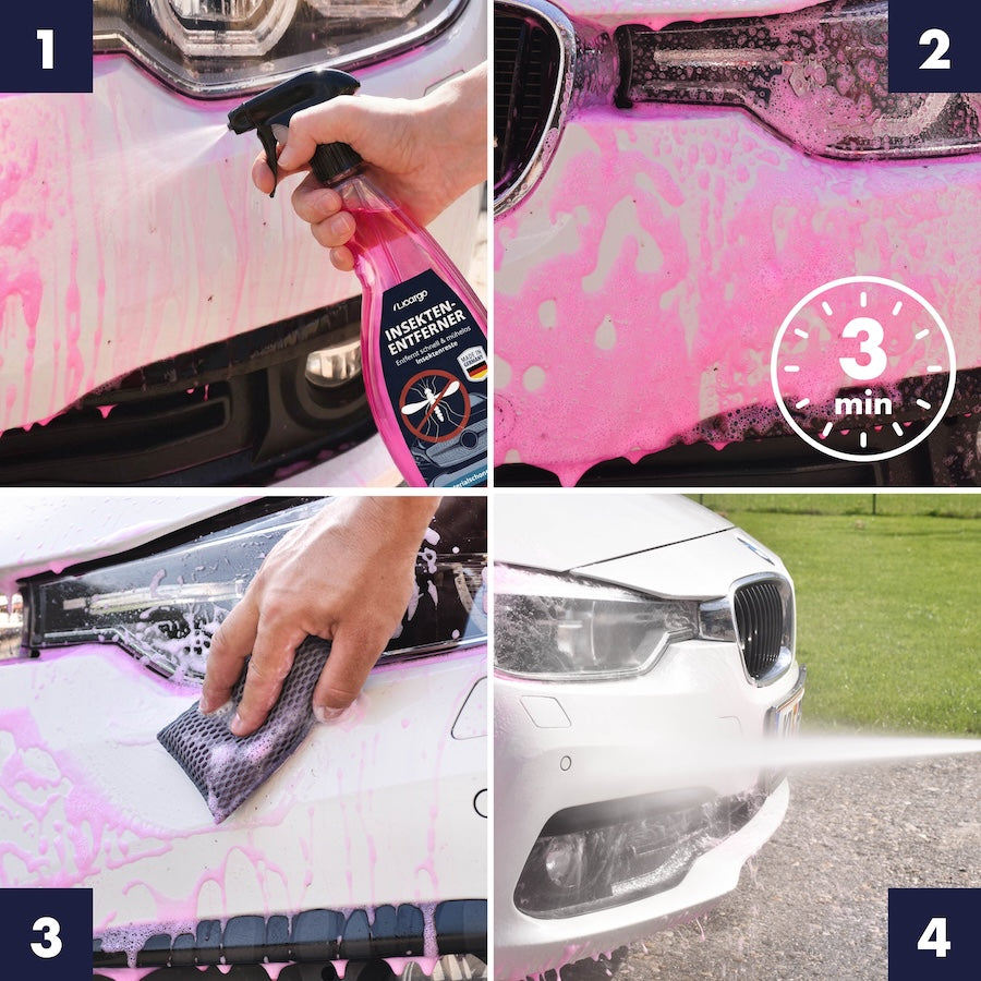 Einfache Anwendung=>Einfach aufsprühen, einweichen lassen und anschließend mühelos abwischen. Für ein optimales Ergebnis empfehlen wir unsere Insekten Pads.