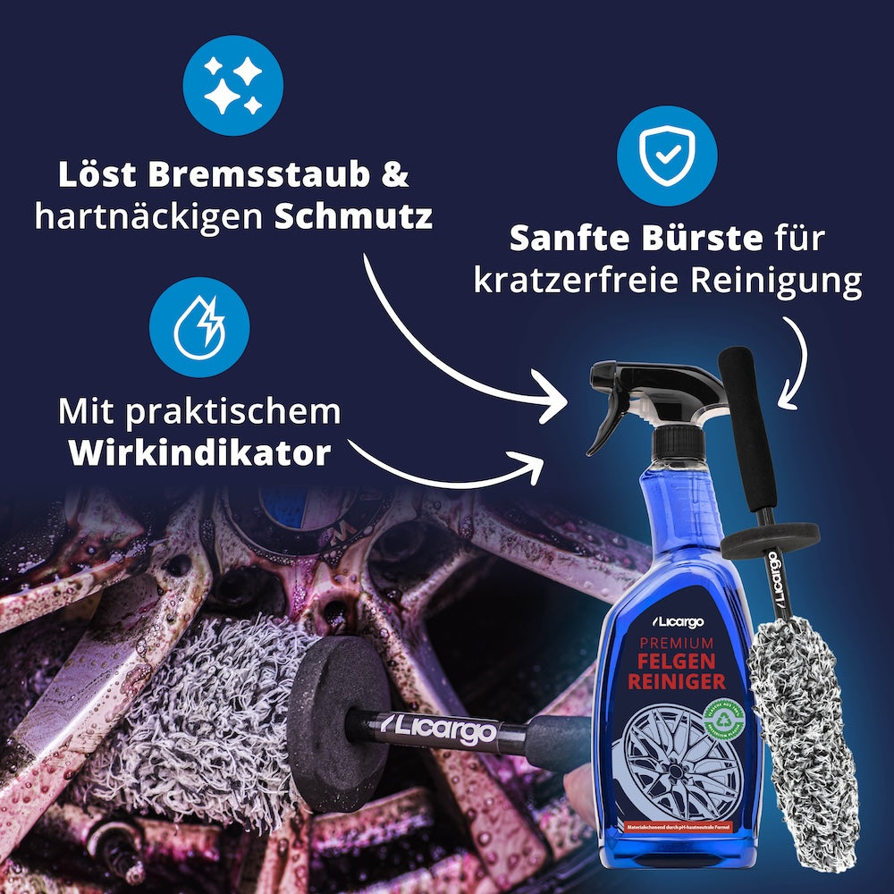 Hochwirksame Formel=>Die innovative Formel mit Wirkindikator entfernt selbst eingebrannten Bremsstaub blitzschnell – ohne mühsames schrubben. Die sanfte Bürste reinigt gründlich und garantiert kratzerfreie Ergebnisse.