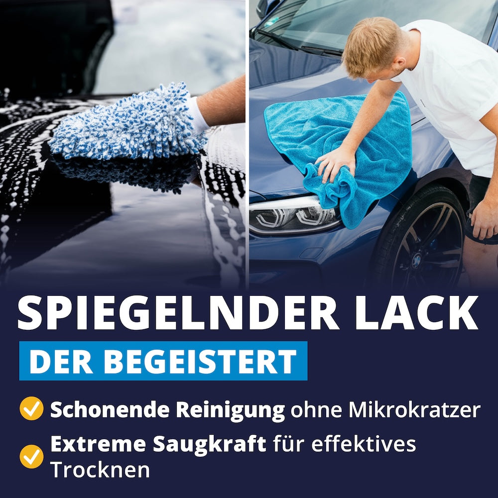 100% kratzerfreie Wäsche=>Die weichen Chenillefasern des Waschhandschuhs lösen Schmutz mühelos und verhindern Mikrokratzer am Lack. Das extrem saugstarke Trockentuch nimmt bis zu 1,5 Liter Wasser auf – genug für Dein ganzes Auto.