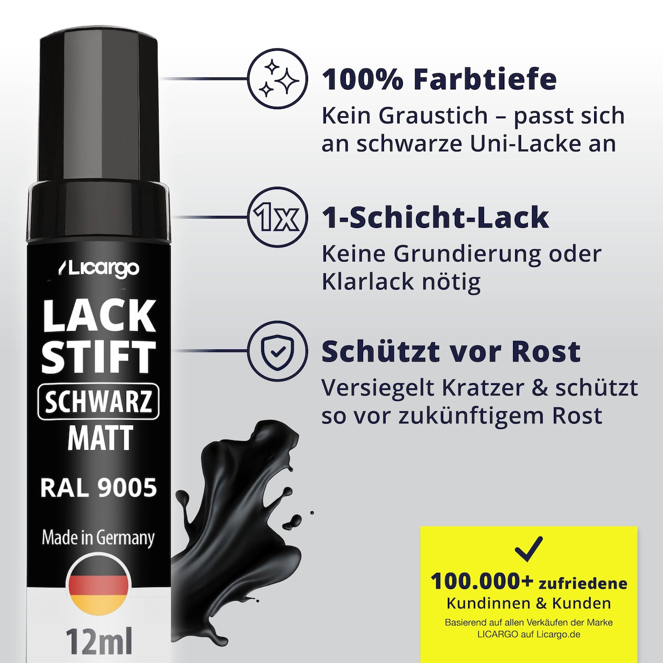 Durchdachte Formel mit Schutzfunktion=>Der 1-Schicht-Lack bietet volle Farbtiefe ohne Grundierung oder Klarlack. Gleichzeitig versiegelt er die Schadstelle und schützt zuverlässig vor Rost.