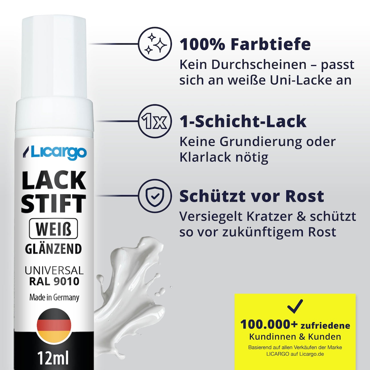 Durchdachte Formel mit Schutzfunktion=>Der 1-Schicht-Lack bietet volle Farbtiefe ohne Grundierung oder Klarlack. Gleichzeitig versiegelt er die Schadstelle und schützt zuverlässig vor Rost.