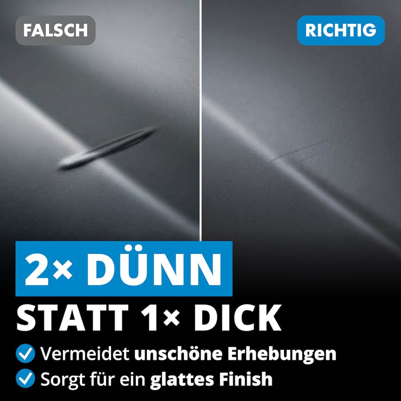Profi-Tipp zur Anwendung=>Mehrere dünne Aufträge sorgen für ein gleichmäßiges Finish ohne Erhebungen. So fügt sich die Reparatur optisch sauber in den Originallack ein.