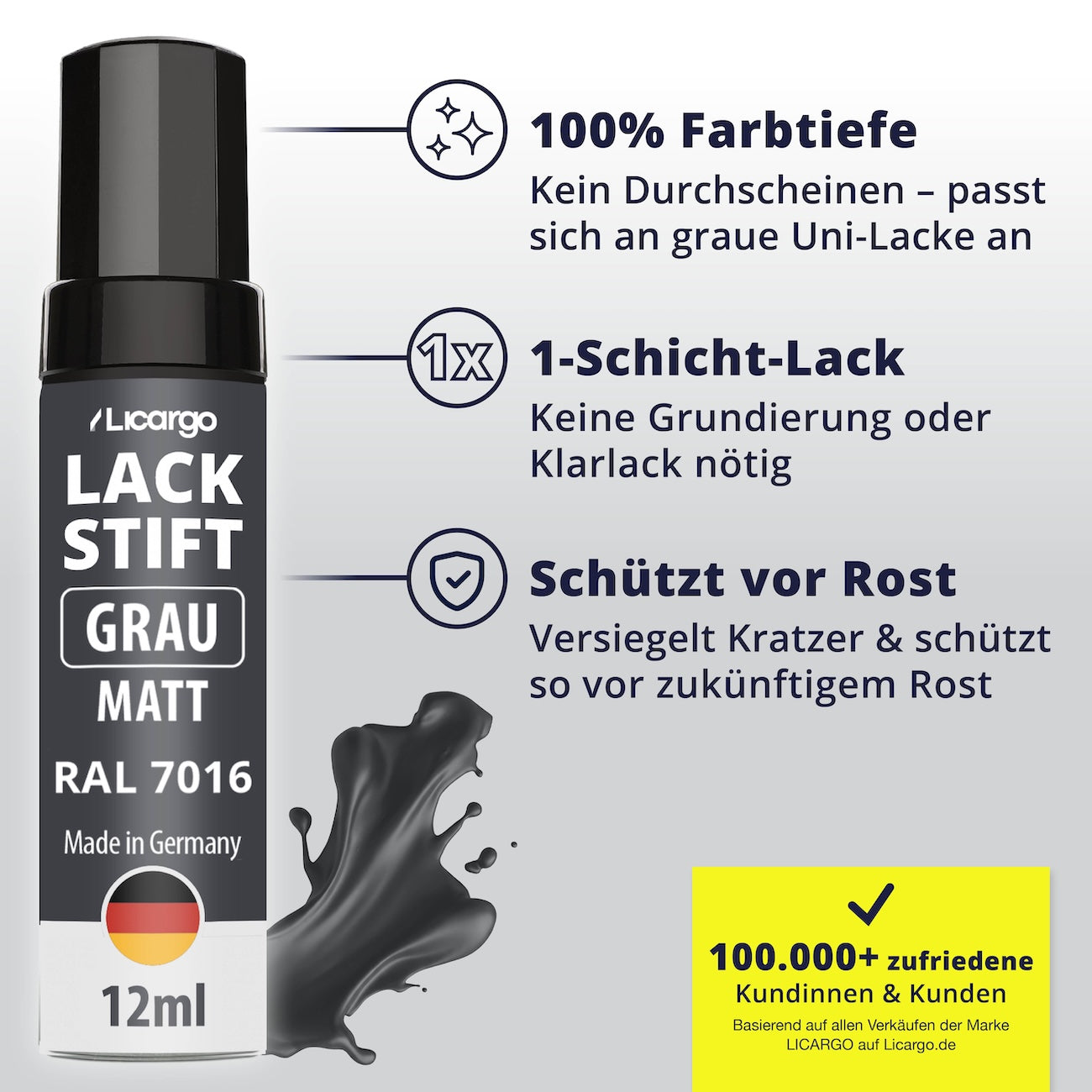 Durchdachte Formel mit Schutzfunktion=>Der 1-Schicht-Lack bietet volle Farbtiefe ohne Grundierung oder Klarlack. Gleichzeitig versiegelt er die Schadstelle und schützt zuverlässig vor Rost.