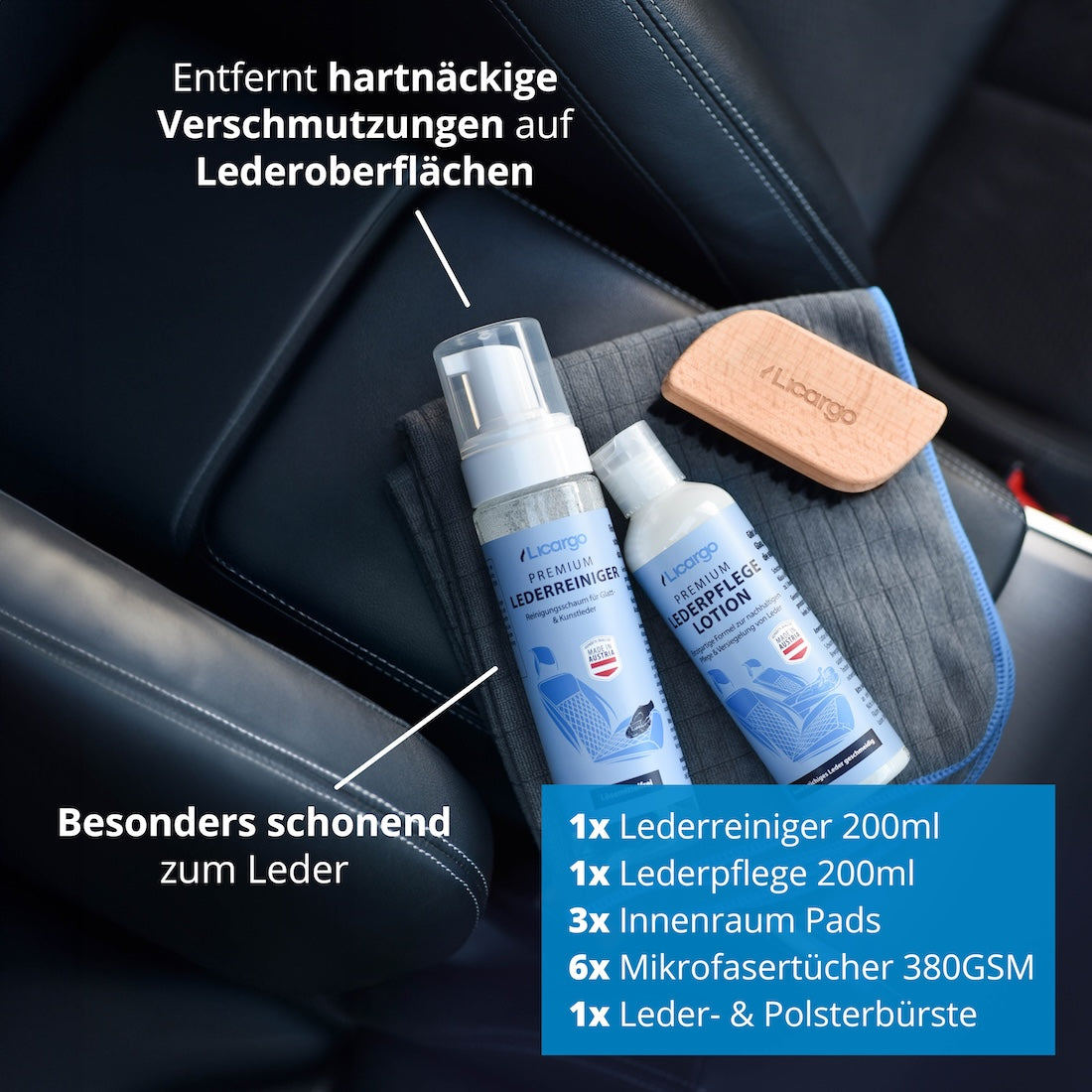 Das Leder Set für Profis=>Lieferumfang: 1x Lederreiniger 200ml, 1x Lederpflege Lotion 200ml, 6x Mikrofasertücher 380GSM, 1x Leder- und Polsterbürste, 3x Innenraum Pads