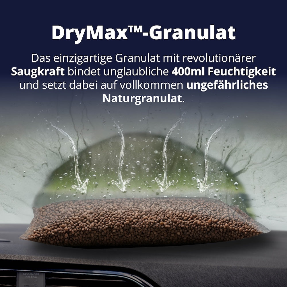 Alternative zu Silikagel=>Während herkömmliches Silikagel potenziell schädlich ist, setzt Drymax™ auf reines Naturgranulat – vollkommen sicher, ungiftig und trotzdem unfassbar saugstark mit bis zu 400 ml Aufnahmeleistung.