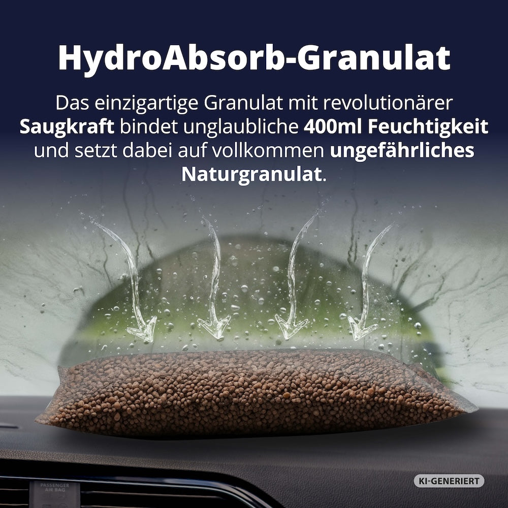 Alternative zu Silikagel=>Während herkömmliches Silikagel potenziell schädlich ist, setzen wir auf reines Naturgranulat – vollkommen sicher, ungiftig und trotzdem unfassbar saugstark mit bis zu 400 ml Aufnahmeleistung.