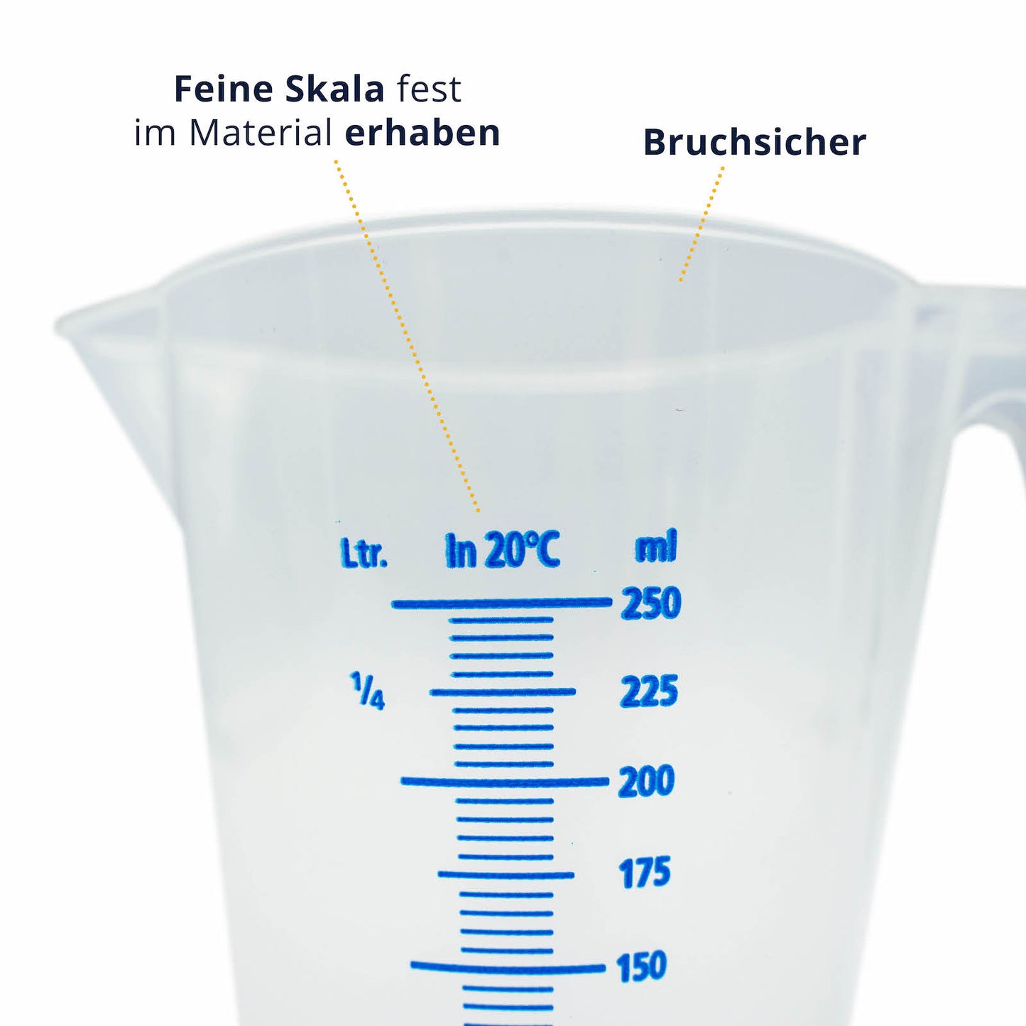 Perfekte Ablesegenauigkeit=>Die präzise und leicht lesbare Skala erlaubt eine exakte Dosierung aller Flüssigkeiten im Millimeterbereich.
