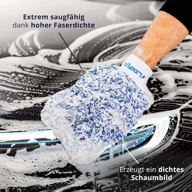 Maximale Saugkraft=>Die hohe Faserdichte und der integrierte Schwamm speichern große Mengen Wasser und Shampoo für eine effektive Reinigung.