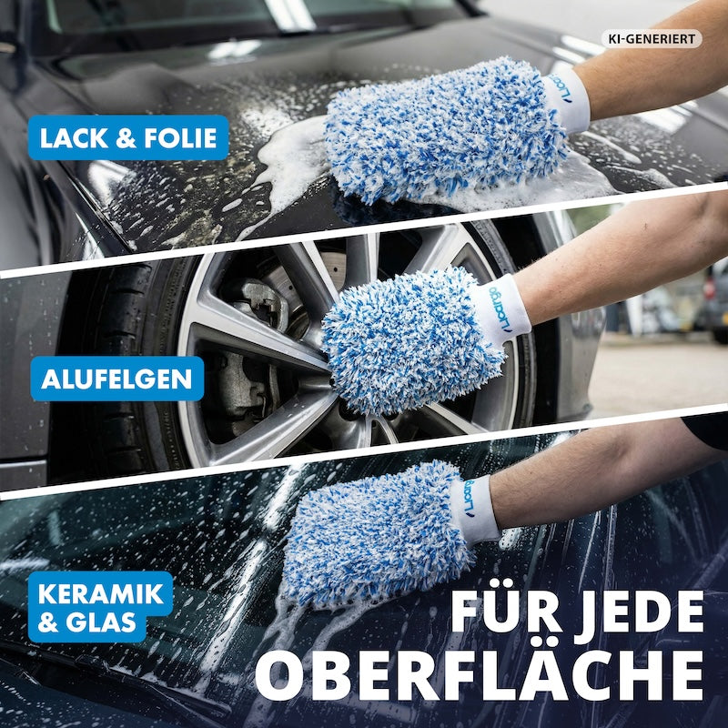 Vielseitig einsetzbar=>Ob empfindlicher Lack, Felgen oder Glasflächen – der Waschhandschuh passt sich flexibel an unterschiedliche Oberflächen an. Ideal für eine komplette Fahrzeugwäsche mit nur einem Tool.