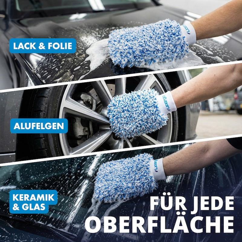 Vielseitig einsetzbar=>Ob empfindlicher Lack, Felgen oder Glasflächen – der Waschhandschuh passt sich flexibel an unterschiedliche Oberflächen an. Ideal für eine komplette Fahrzeugwäsche mit nur einem Tool.