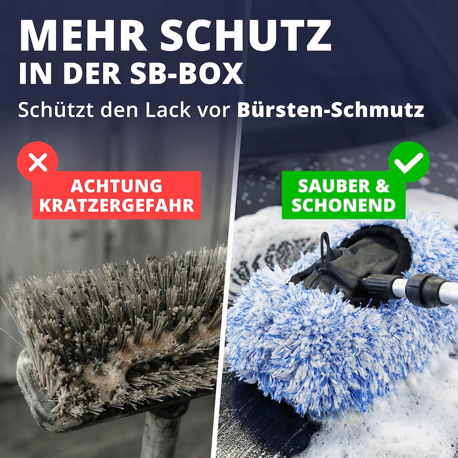 Schutz, den man sofort erkennt=>In SB-Waschboxen sammeln sich Schmutz und Rückstände in den Bürsten. Das Brush Cover schafft eine schützende Barriere und reduziert so das Risiko von Kratzern deutlich.