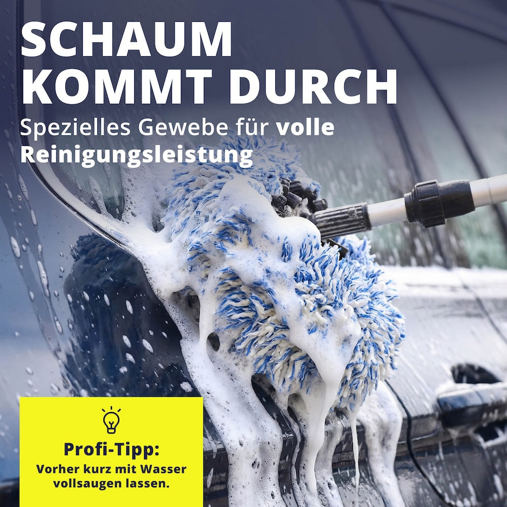 Volle Leistung ohne Kompromisse=>Das spezielle Material unterstützt eine gleichmäßige Verteilung von Wasser und Schaum. So gleitet die Bürste sanft über den Lack und löst Verschmutzungen effektiv.