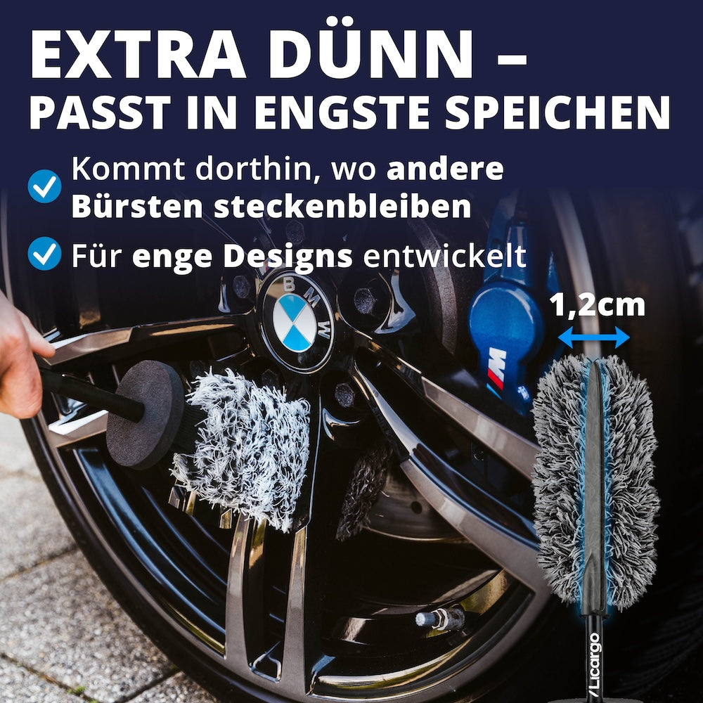 Konzipiert für enge Speichen=>Die schlanke Form erreicht selbst schmale Zwischenräume und dringt bis ins Felgenbett ein. Ideal für Sport-, Viel- und Premium-Felgen mit engen Speichenabständen.