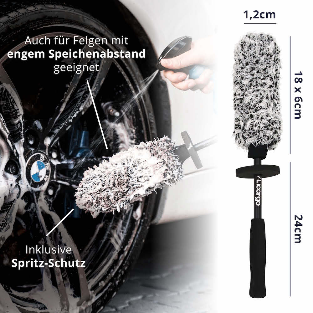 Durchdachte Bürste=>Unsere Felgenbürste bietet Dir einen sicheren Halt, schützt Deine Hände vor lästigen Spritzern und ermöglicht eine effektive Reinigung der Felgen.