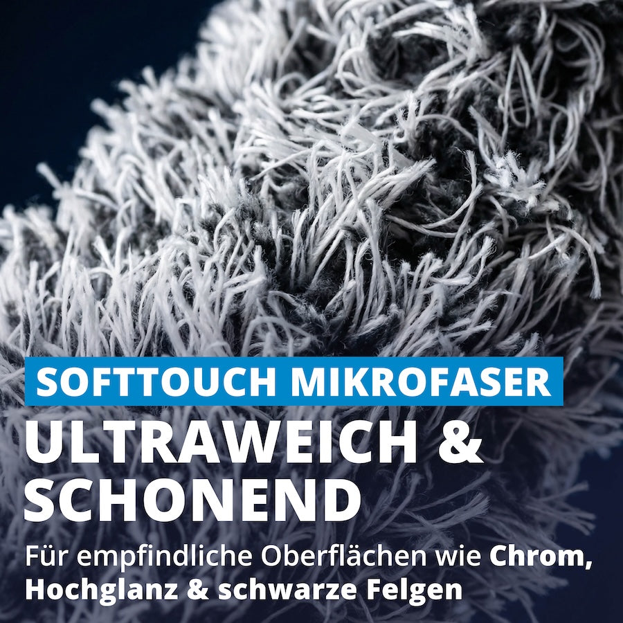 Ultrawache Fasern=>Die besonders weichen Mikrofasern reinigen gründlich und gleichzeitig extrem schonend. Perfekt geeignet für empfindliche Oberflächen wie Chrom, Hochglanz- und schwarze Felgen.