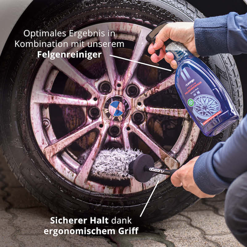Strahlendes Ergebnis=>Dank ergonomischem Griff garantiert Dir unsere Felgenbürste perfekten Halt. Für ein optimales Ergebnis empfehlen wir außerdem unseren Felgenreiniger.