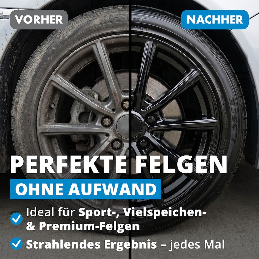 Sichtbarer Effekt=>Schon nach der ersten Anwendung erstrahlen Deine Felgen in neuem Glanz. Hartnäckiger Bremsstaub und Schmutz werden mühelos entfernt – ganz ohne großen Aufwand.