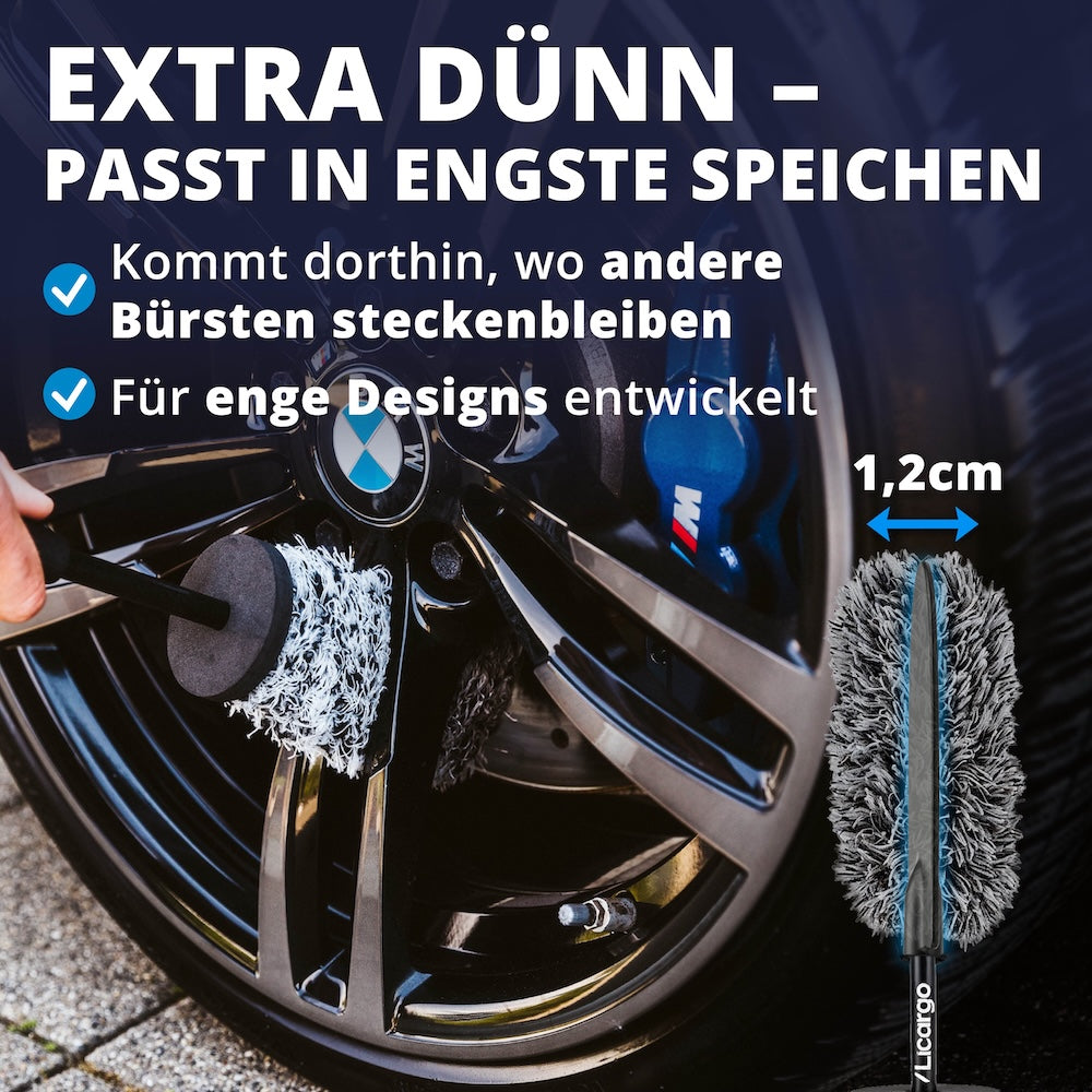 Konzipiert für enge Speichen=>Die schlanke Form erreicht selbst schmale Zwischenräume und dringt bis ins Felgenbett ein. Ideal für Sport-, Viel- und Premium-Felgen mit engen Speichenabständen.