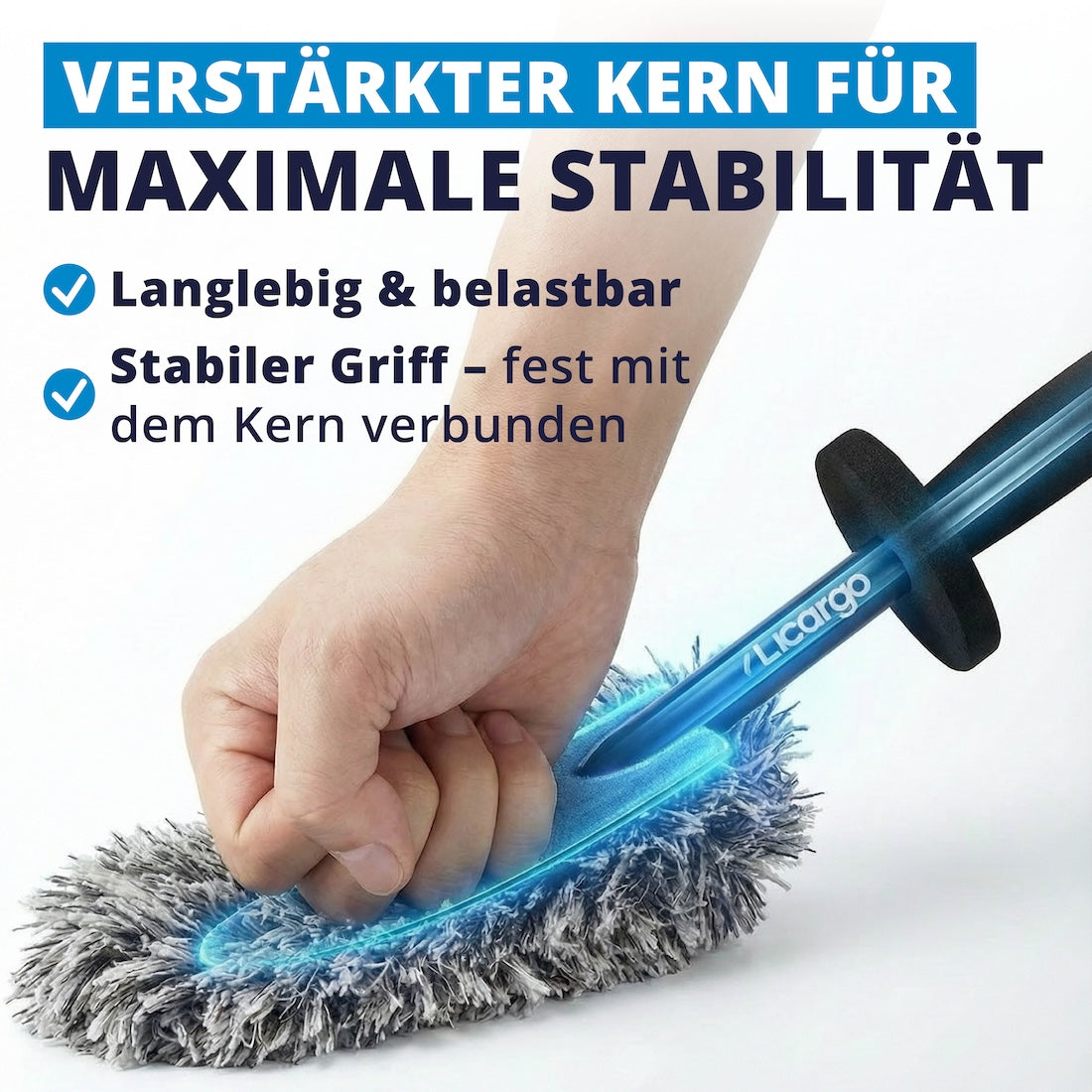 Hält Druck aus=>Der robuste Innenkern sorgt für höchste Belastbarkeit und eine lange Lebensdauer. Griff und Kern sind fest miteinander verbunden – für maximale Kontrolle bei jeder Reinigung.