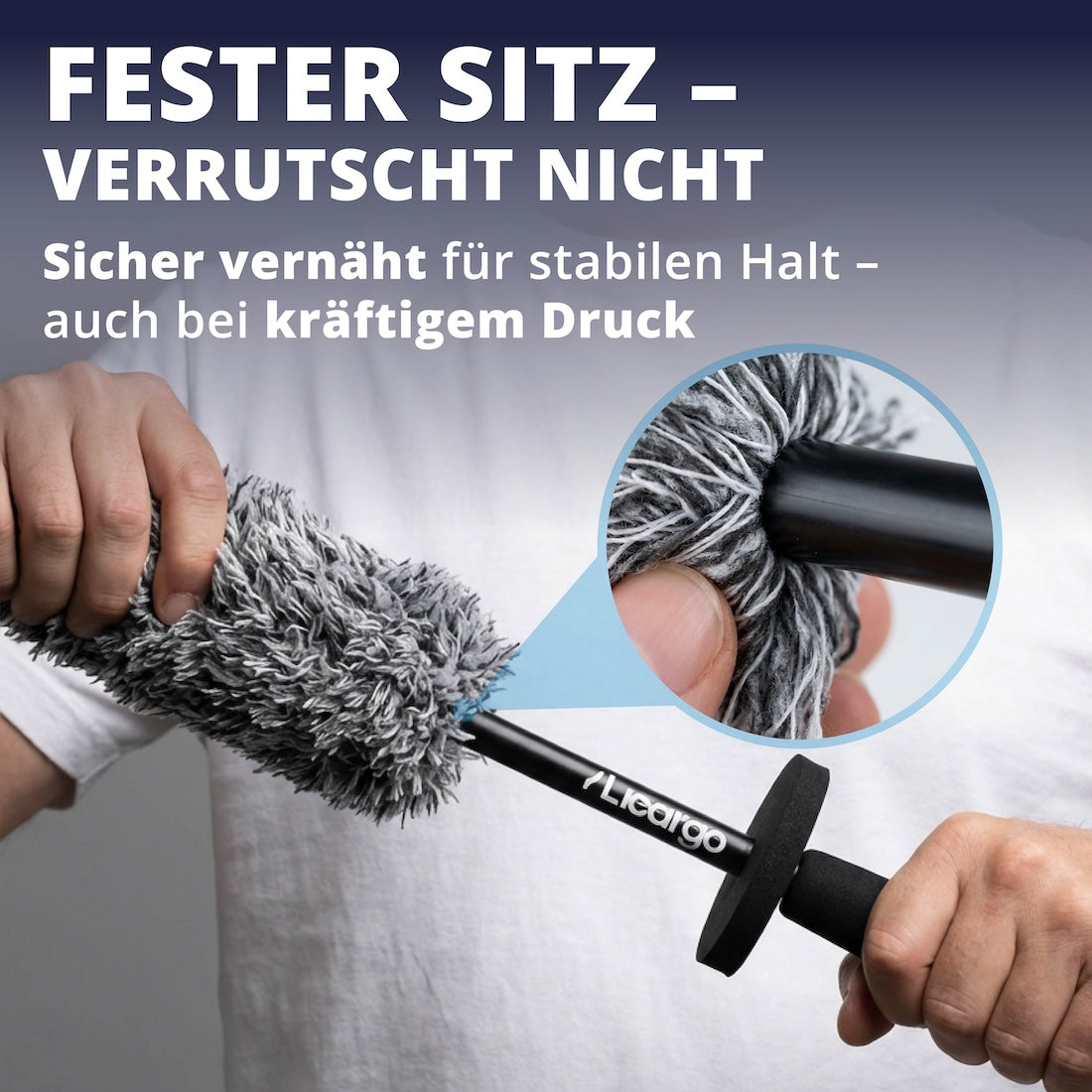 Bezug verrutscht nicht=>Der Bürstenkopf ist sicher vernäht und sitzt fest auf dem Kern. So bleibt alles an Ort und Stelle – selbst bei kräftigem Schrubben.